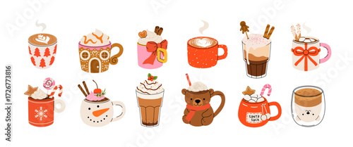 Christmas and Happy New Year set of drinks. Mugs and cups of hot coffee, punch, cacao with whipped cream, marshmallow and candy cane. Greeting card for Xmas, New year or winter holidays design.