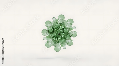 Cluster of delicate transparent green glass spheres suspended in mid air, isolated on a clean and plain white background, resembling abstract 3D molecules or liquid drops with subtle reflections 