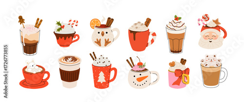 Christmas and Happy New Year set of drinks. Mugs and cups of hot coffee, punch, cacao with whipped cream, marshmallow and candy cane. Greeting card for Xmas, New year or winter holidays design.