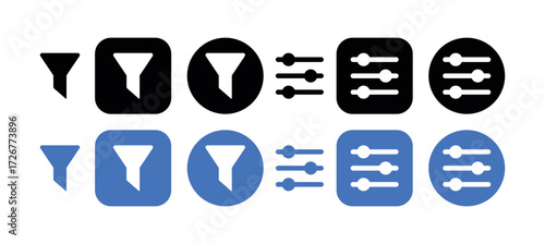 Filter icon set, funnel and slider UI glyphs in solid and outline styles with rounded and circular app buttons