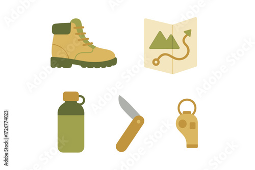 Collection of essential outdoor adventure equipment including hiking boot, trail map, water bottle, pocket knife, and whistle