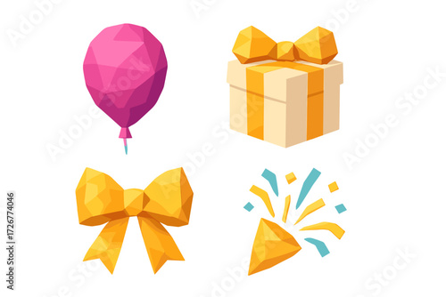 Low poly geometric party celebration elements set including a pink balloon, gift box with bow, and confetti popper