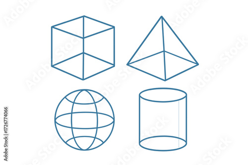 Fundamental three-dimensional geometric shapes presented as wireframe outlines on a clean white background for educational purposes