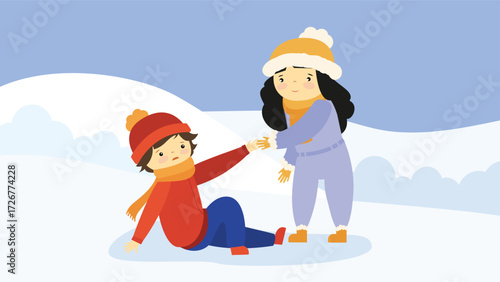 Vector illustration of mother and son in winter clothes playing snowballs.