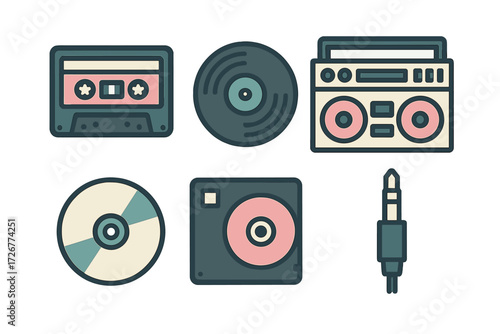 Collection of retro audio media and music devices like cassette tape, vinyl record, compact disc, and boombox