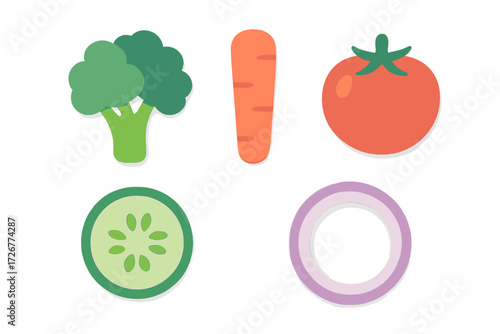 Vibrant collection of fresh healthy vegetables including broccoli, carrot, tomato, cucumber, and onion slices for cooking