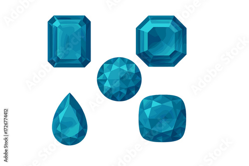 Vibrant blue-green faceted gemstones in various shapes including emerald, round, pear, and cushion cuts