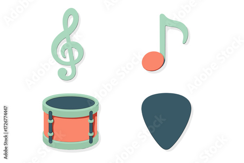 Colorful set of musical symbols, percussion instrument, and guitar accessory elements with subtle shadows and depth