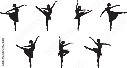 Ballet dancer silhouette set, graceful poses, elegant movement, black vector art, dance posture, flexibility, classical performance, artistic illustration, female dancer shapes
