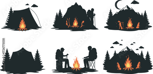 Camping silhouette set, campfire scenes, tent, pine trees, mountain background, outdoor adventure, hiking, backpacking, nature vector, wilderness illustration, black art