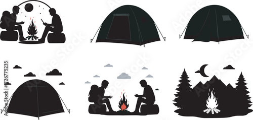 Camping silhouette set, campfire scenes, tent, pine trees, mountain background, outdoor adventure, hiking, backpacking, nature vector, wilderness illustration, black art