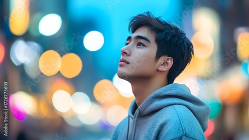 A young Asian urban male in a casual hoodie, standing on a city street at dusk with blurred lights in the background