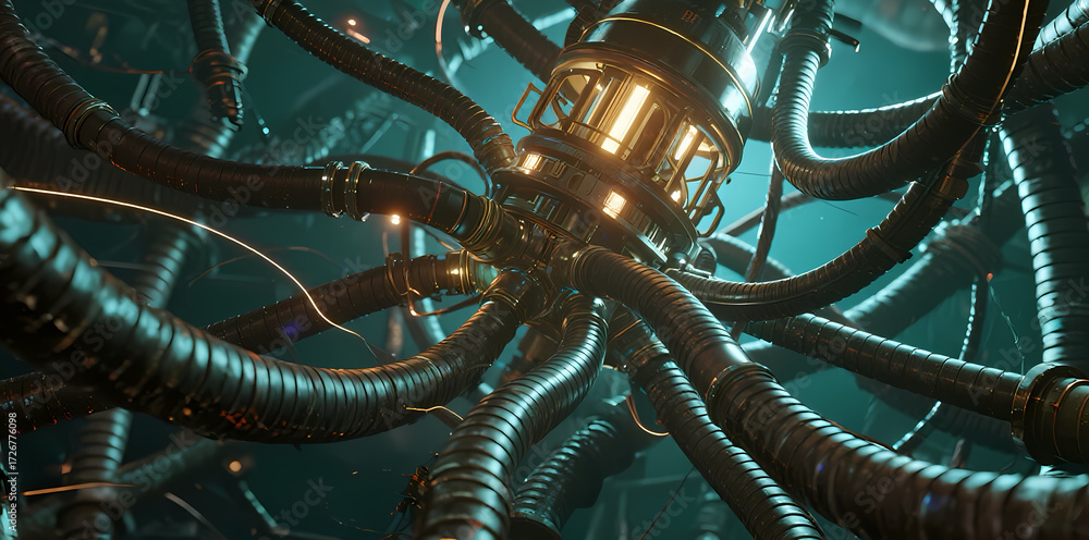 Fototapeta premium Complex mechanical structure with glowing central core and multiple articulated pipes in a dark industrial environment