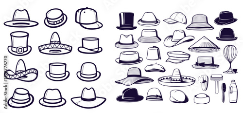 Summer Hats vintage collection for elegant men,woman, female and ladies. Fedora Derby Deerstalker Homburg Bowler Straw Beret Captain Cowboy Porkpie Boater. Retro fashion set. English style. Hand drawn