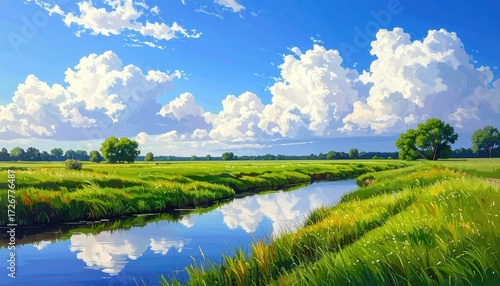 Sunny meadow, river, puffy clouds