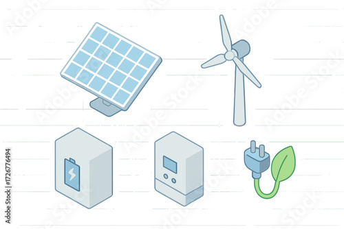 Sustainable energy technology with solar panel, wind turbine, battery storage, power inverter, and eco-friendly electric plug