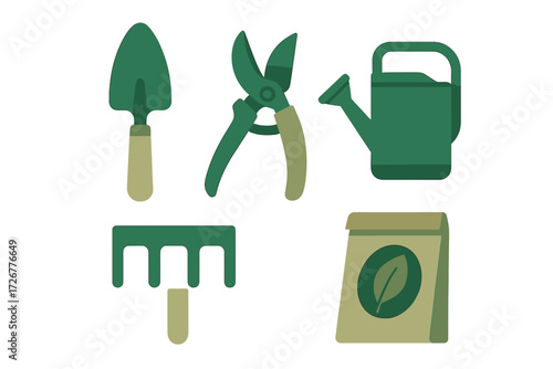 Collection of essential gardening tools including trowel, pruning shears, watering can, hand rake, and seed bag for spring planting