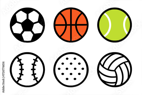 Assortment of common game balls for athletic activities including soccer, basketball, tennis, baseball, golf, and volleyball
