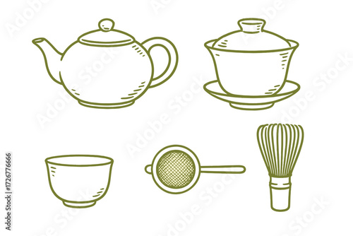 Traditional Asian tea ceremony utensils set featuring teapot, gaiwan, cup, strainer, and matcha whisk