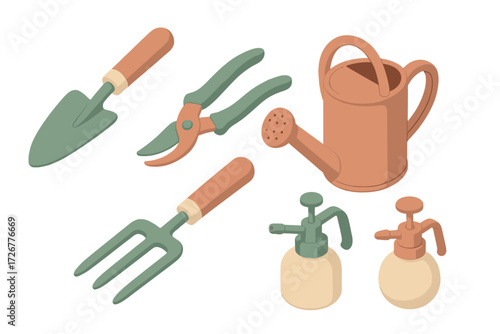 Isometric set of essential gardening tools and equipment for planting, watering, and pruning plants in a home garden