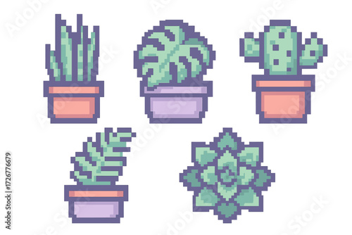 Stylized pixel art collection featuring various potted houseplants and succulents in a retro digital aesthetic