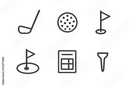 Essential golf game equipment and accessories including club, ball, flag, tee, and scorecard for recreational sports activity and professional play