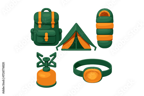 Outdoor camping equipment set for adventure travel with backpack, tent, sleeping bag, stove, and headlamp