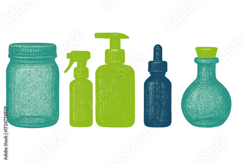 Diverse collection of textured colorful bottles and jars for home, beauty, and cleaning product packaging
