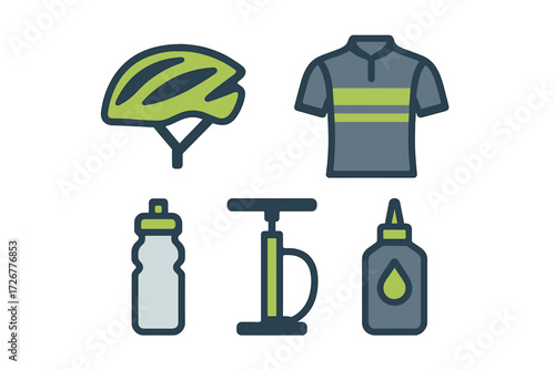 Collection of essential cycling gear and accessories including helmet, jersey, water bottle, pump, and lubricant