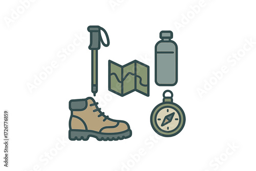Collection of essential hiking and outdoor adventure equipment including boots, trekking pole, map, water bottle, and compass