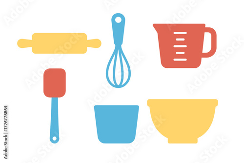 Essential colorful kitchen baking tools and utensils set including whisk, rolling pin, measuring cup, and spatula