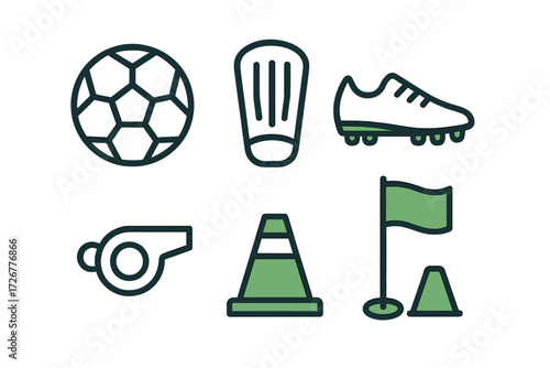 Essential soccer sports equipment and training accessories set with ball, cleats, shin guard, whistle, and cones