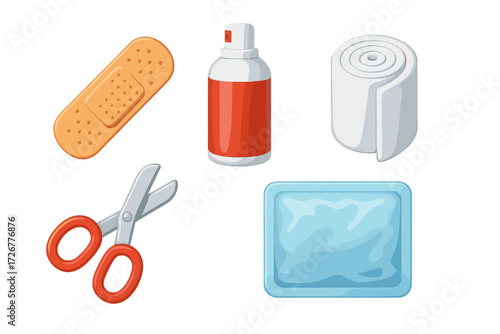 Essential first aid supplies including adhesive bandage, antiseptic spray, rolled gauze, scissors, and cold pack