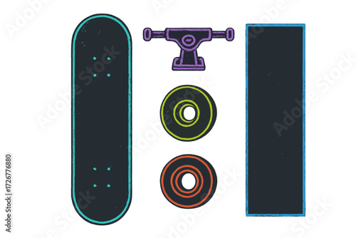 Skateboard deck, truck, wheels, and grip tape disassembled with vibrant outlines on a clean white background for sports design