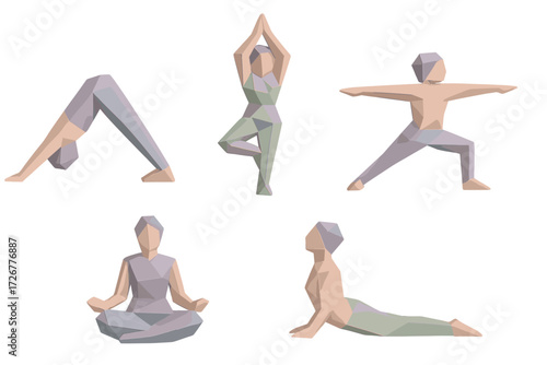 Stylized geometric figures demonstrating different yoga positions for exercise, mindfulness, and healthy lifestyle practice