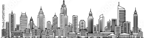 simple line drawing of a city skyline with various buildings, black and white, minimalist, vector illustration