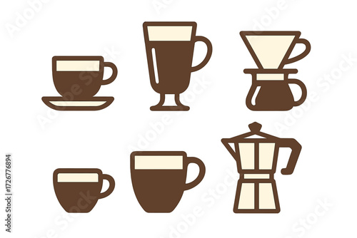 Stylized graphic symbols of popular coffee drinking vessels and essential brewing devices for cafes and home kitchens