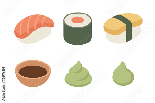 Traditional Japanese sushi selection featuring various nigiri, maki, and essential condiments like soy sauce and wasabi