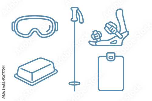 Winter sports equipment including ski goggles, snowboard binding, ski pole, and essential accessories for snow activities