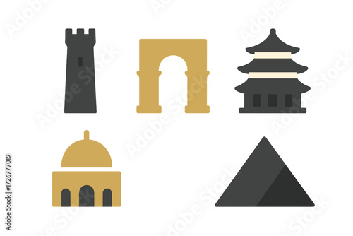 Globally recognized architectural landmarks and travel destination icons in a simple flat graphic design style