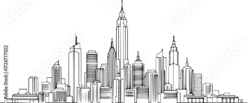 simple line drawing of a city skyline with various buildings, black and white, minimalist, vector illustration