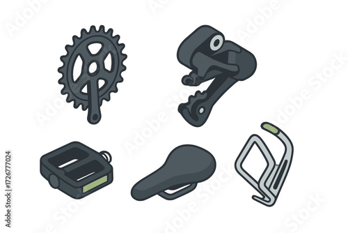 Assortment of essential bicycle components including chainring, derailleur, pedal, saddle, and water bottle cage