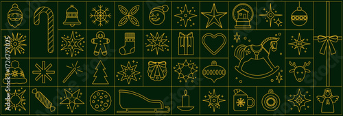 Christmas geometric pattern. Icon star set. New Year holiday background, line art. Happy minimalist elegant illustration, Xmas gift box. Winter season. Vector luxury ornament isolated elements set