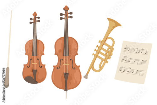Classical musical instruments collection featuring violin, cello, trumpet, conductor baton, and sheet music