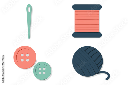 Assortment of sewing and knitting supplies including needle, thread, colorful buttons, and yarn for craft projects
