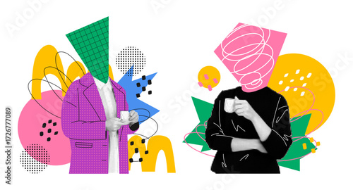 Halftone character with coffee. Contemporary collage. Pop retro design. Motivation poster. Abstract man with drink cup. Modern concept. Funky graphic geometric shapes. Vector urban garish background