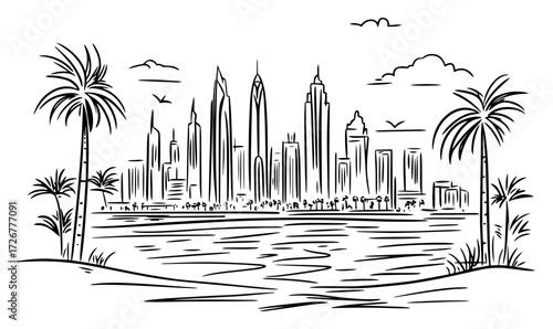 Palm-lined futuristic waterfront skyline inspired by Dubai’s soaring towers – luxury coastal cityscape line-art illustration