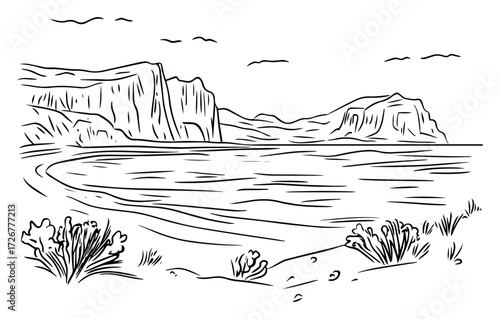Wide desert canyon landscape with sculpted sandstone cliffs above winding river – expansive wilderness line-art illustration