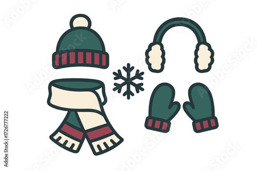 Warm winter season clothing accessories set with cozy knitted hat scarf mittens earmuffs and snowflake symbol