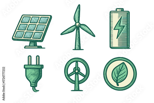 Hand drawn style icons representing sustainable energy, green power, and environmental conservation concepts